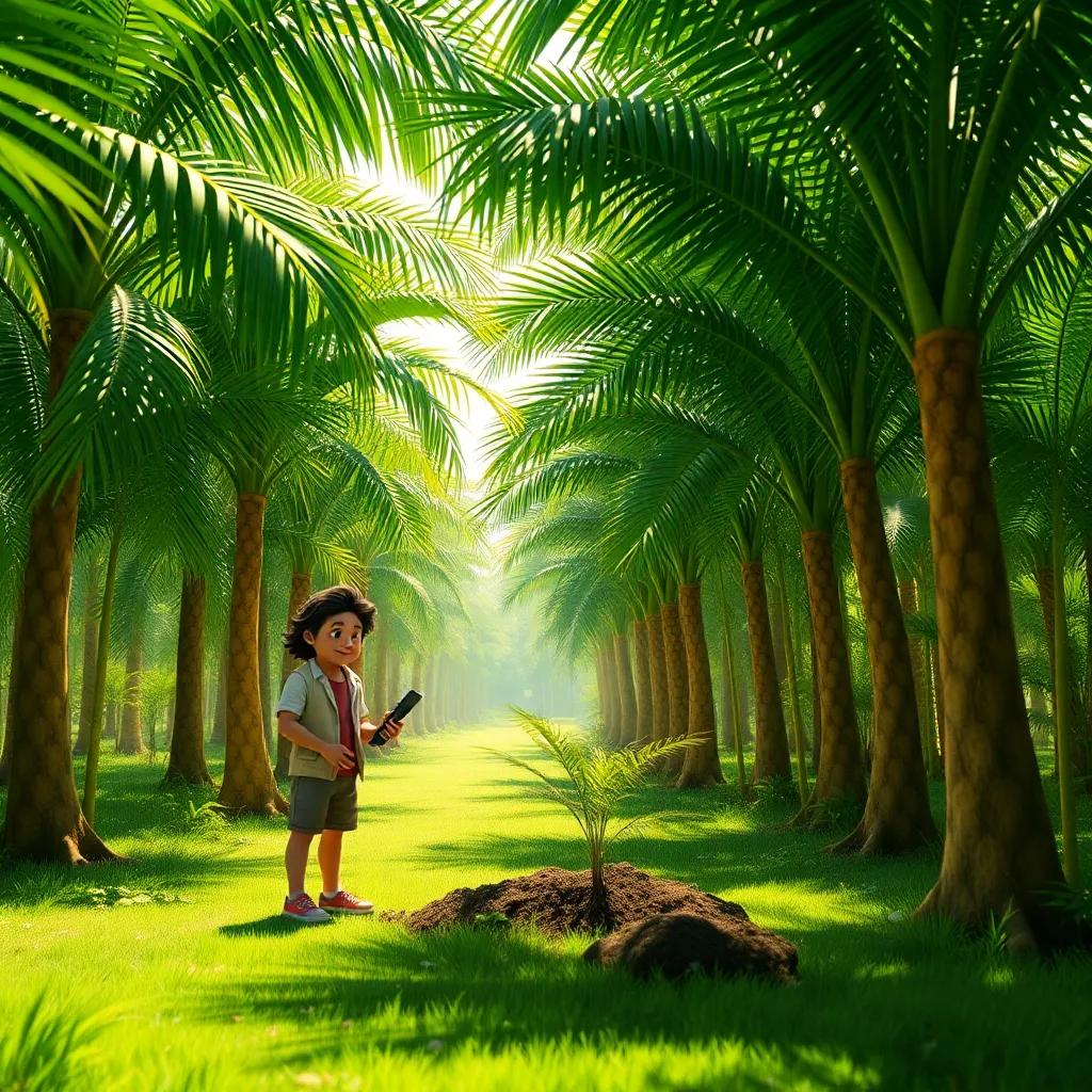 A lush palm grove with Salem planting young trees, showing determination and hope, bright sunlight filtering through the leaves, soft colors, cheerful atmosphere, high quality