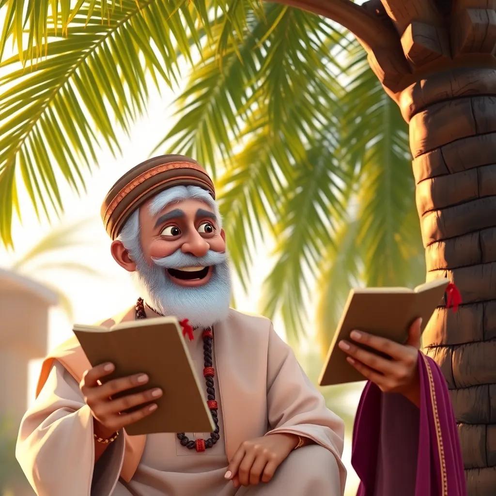 A wise old man, Grandfather Hamad, telling stories to Salem under a palm tree, wearing traditional Omani attire, looking wise and friendly, warm light, inviting scene, high quality