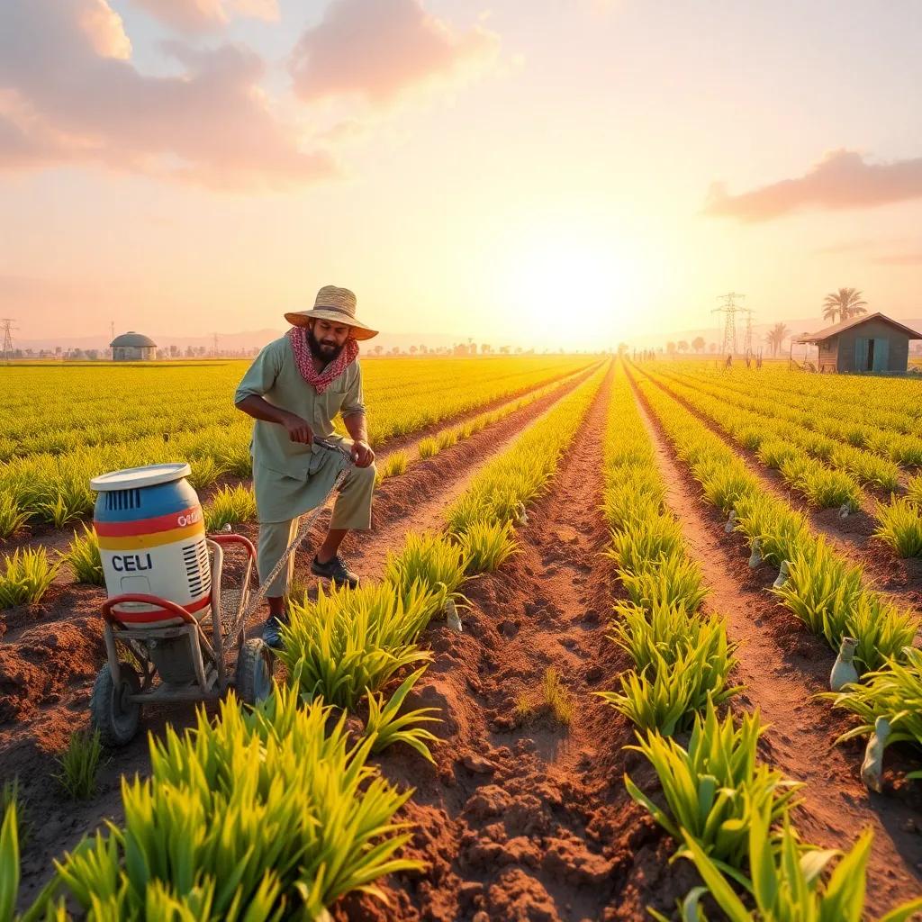An image showing modern farming tools alongside traditional irrigation methods, with Salem working in his field, merging the old with the new, innovative colors, bright and hopeful scene, high quality