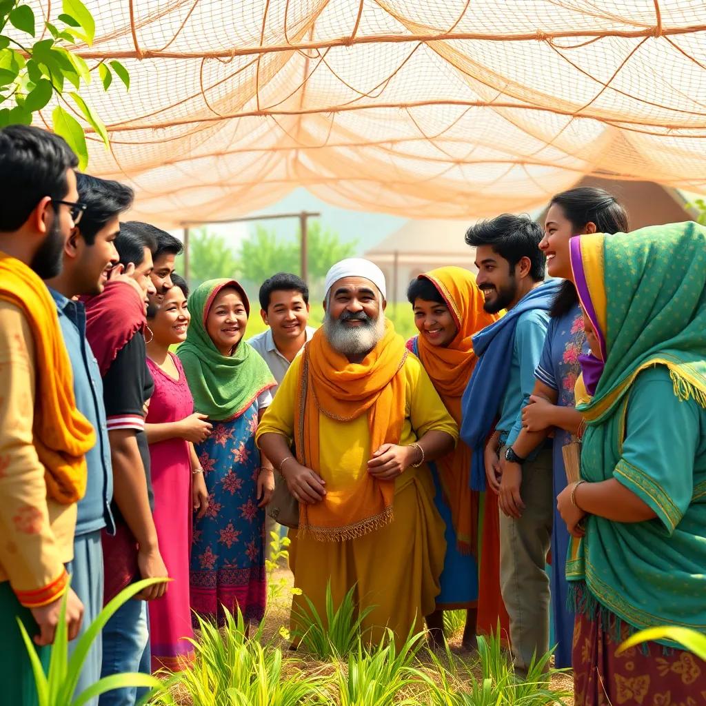 Villagers gathered around Salem in his farm, sharing ideas and laughter, depicting unity and joy in a vibrant agricultural community, bright colors, lively atmosphere, high quality
