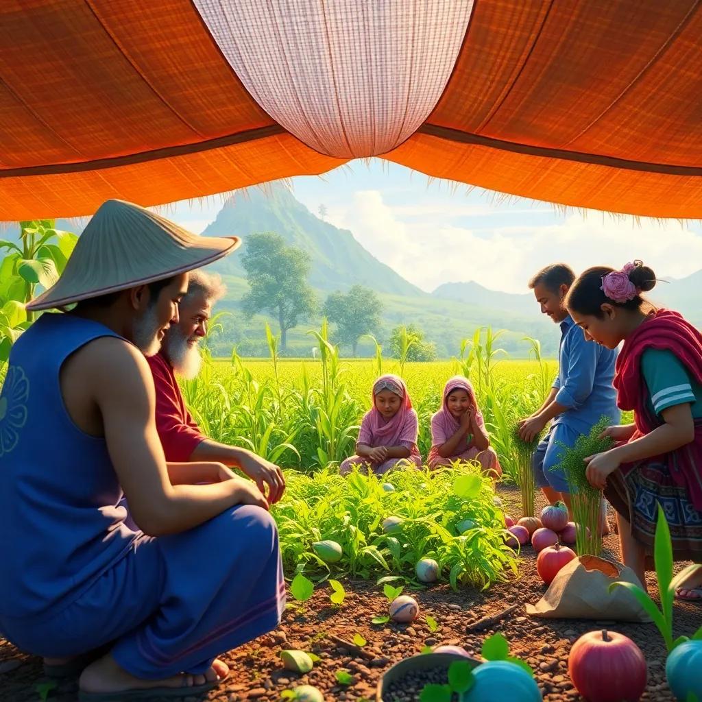 A group of villagers experimenting with new ideas in agriculture, showing harmony between tradition and modernity, colorful scene, high energy, high quality