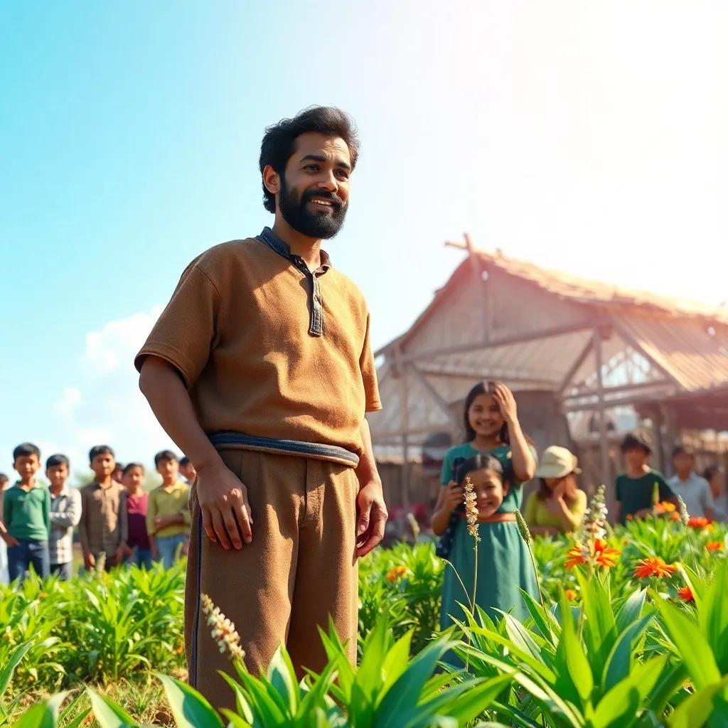 Salem, now a mentor, leading a workshop in his farm, teaching villagers about sustainable farming, with an enthusiastic crowd, bright clear sky, hopeful colors, high quality