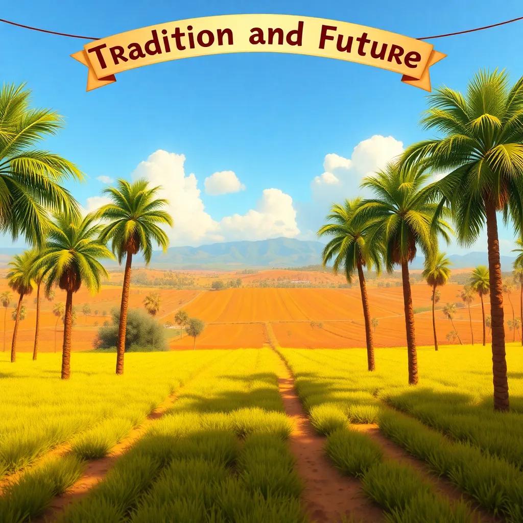 A panoramic view of Salem’s thriving farm, showing a balance of palm trees and fields, under a banner saying 'Tradition and Future', warm colors, cheerful perspective, high quality