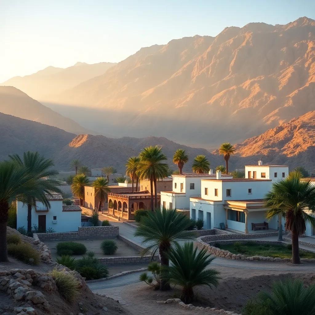 A serene village in the mountains of Oman, with traditional houses and palm trees, early morning light, soft colors, peaceful atmosphere, high quality