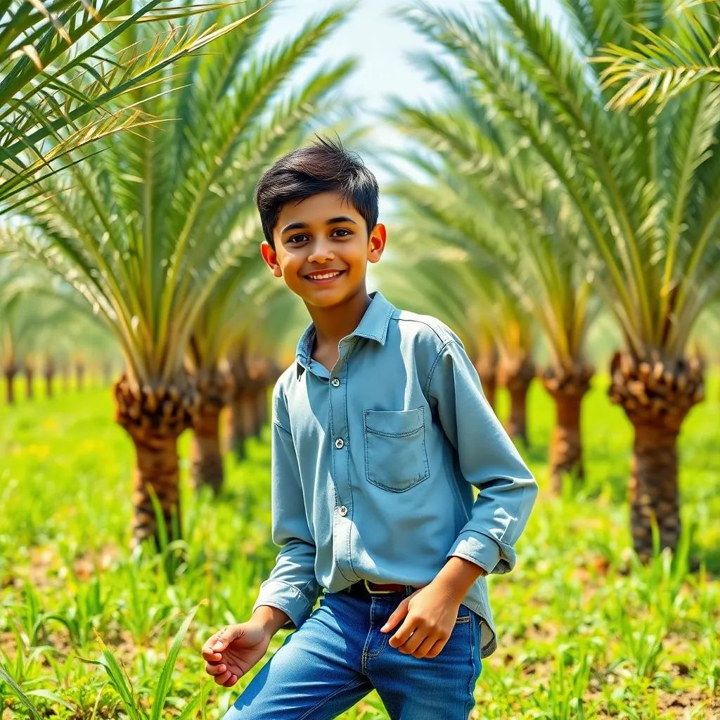 Salim, a young Omani boy, planting palm trees in a field, wearing a simple shirt and jeans, with a determined look on his face, green fields, bright sunlight, vibrant colors, cheerful