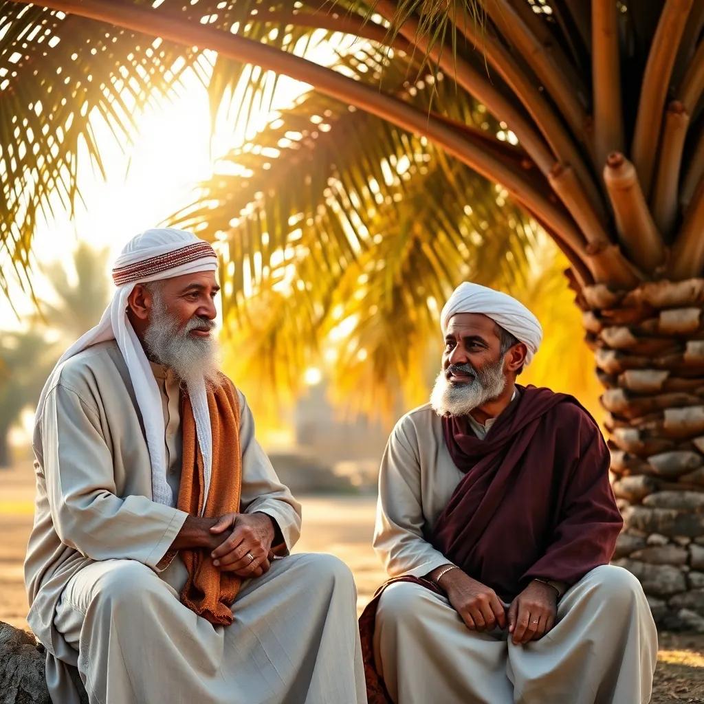 An elderly Omani man, Grandfather Hamid, sitting under a palm tree with Salim, sharing wisdom, wearing traditional Omani clothes, warm sunlight filtering through leaves, inviting atmosphere
