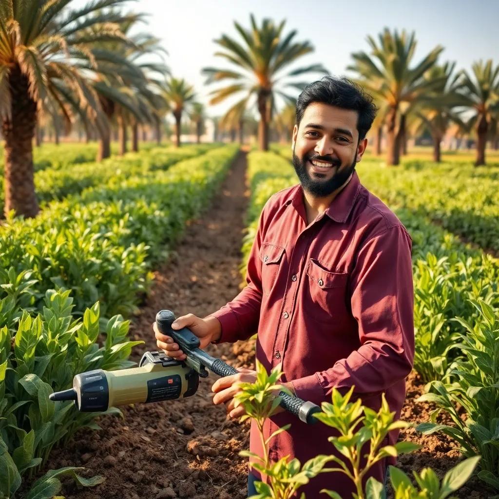 Salim using modern farming tools in his farm, excited expression on his face, surrounded by lush plants and date palms, bright afternoon, colorful, enriching scene, high quality