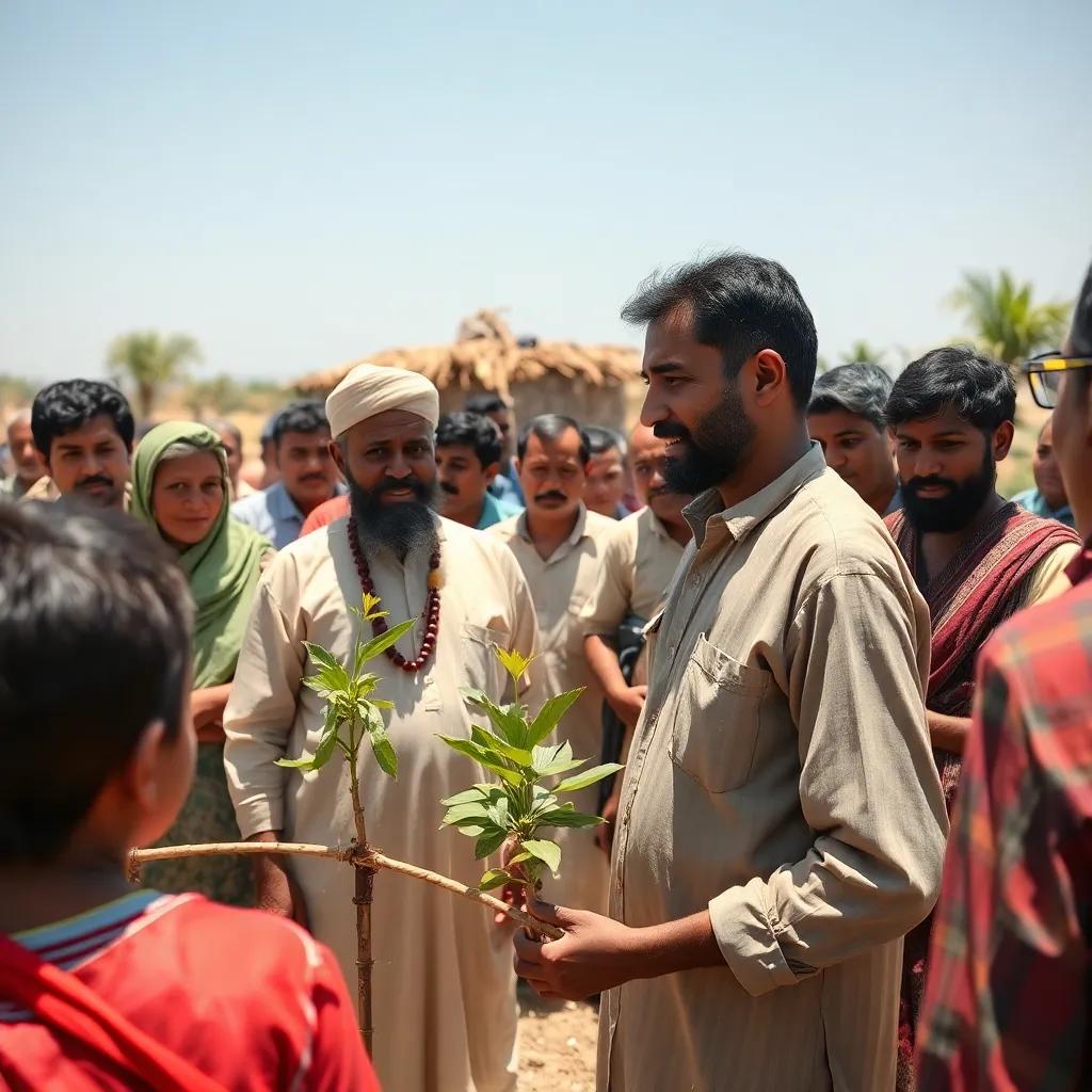 Salim showing his innovative irrigation system to villagers, everyone gathered around him, curious expressions, outdoor setting, bright sunny day, community spirit