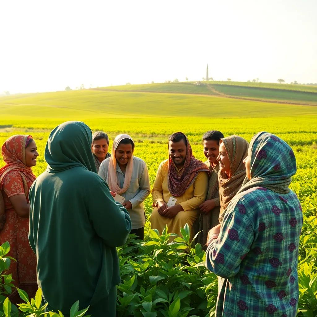 Villagers participating in a learning session at Salim's farm, engaging with each other, bright smiles, green landscape, warm sunlight, sense of unity and cooperation