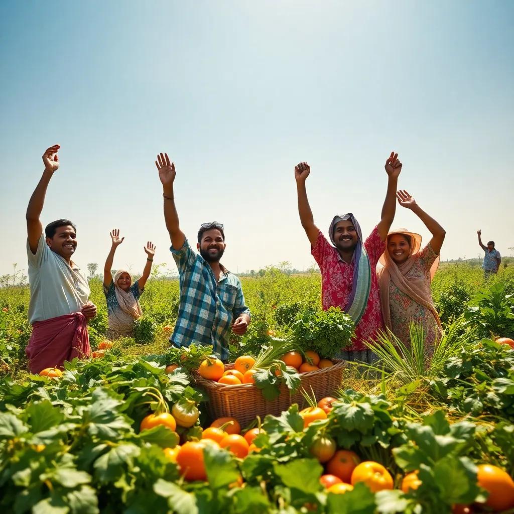 A joyful harvest scene in Salim's flourishing farm, villagers celebrating, colorful vegetables, under a clear blue sky, uplifting atmosphere, dynamic