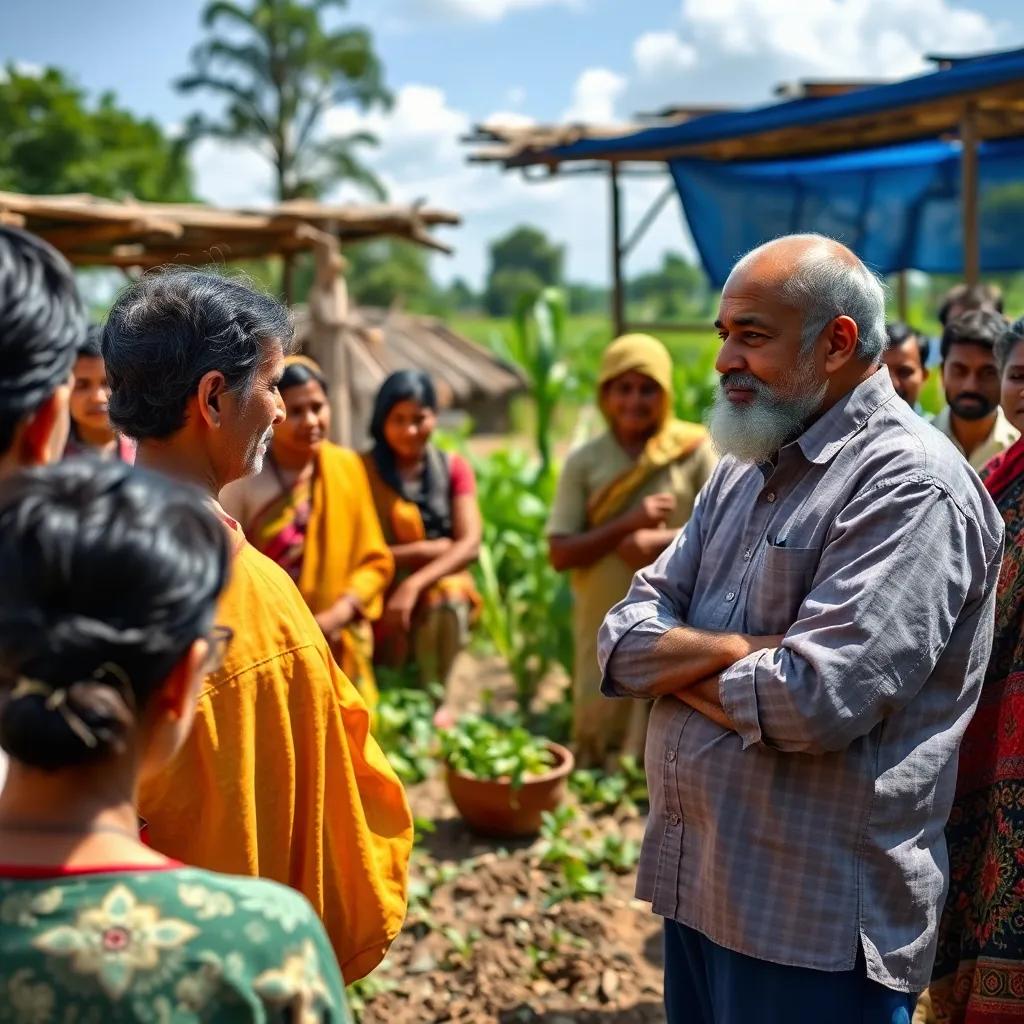 Salim discussing with villagers about sustainable farming practices, outdoor classroom setting, people listening attentively, educational environment, community feel
