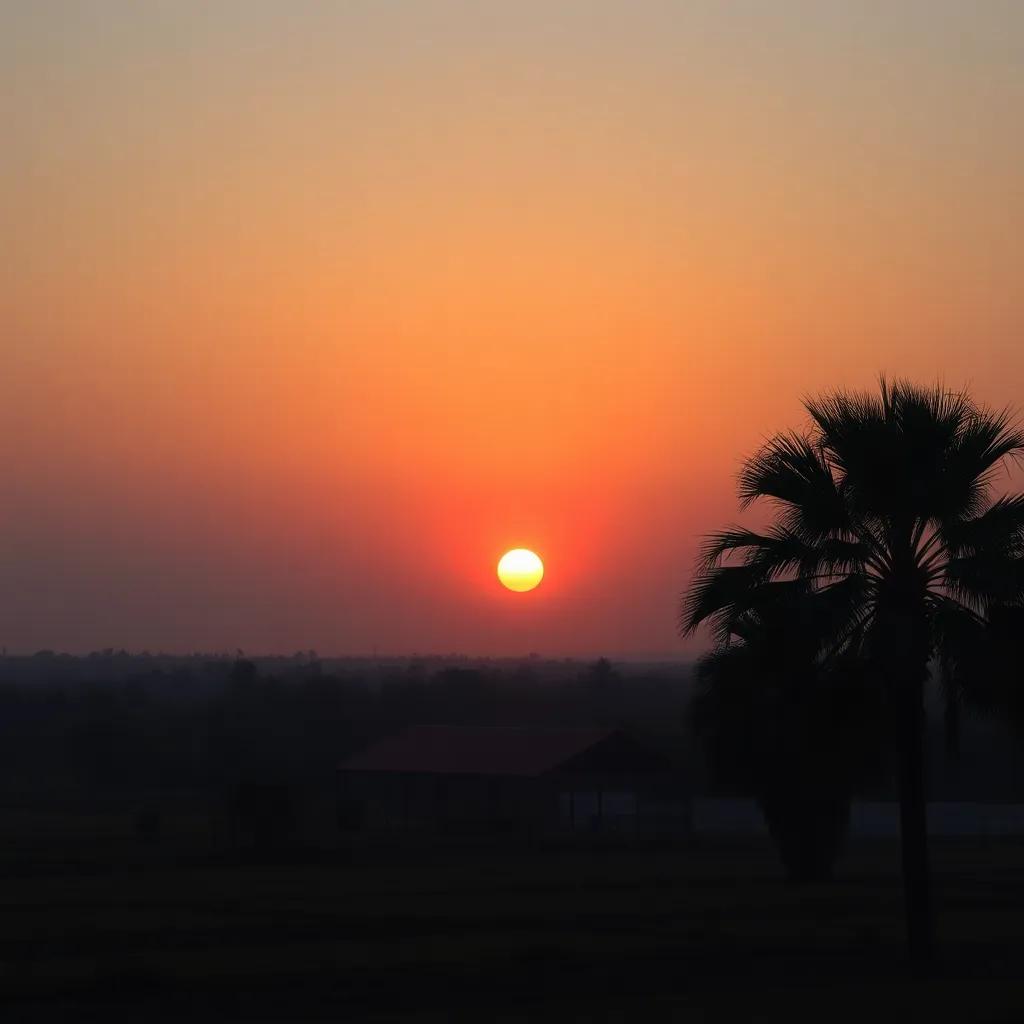 A picturesque sunset over Salim's farm, silhouette of palm trees, warm colors reflecting on the horizon, peaceful closure to a productive day, inspiring view