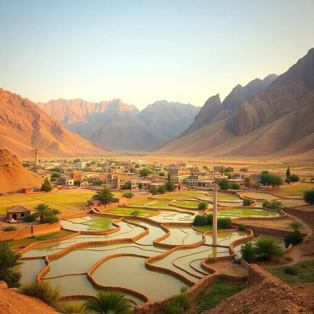 A serene view of Nizwa village surrounded by towering mountains, with traditional aflaj irrigation systems visible, depicting the essence of Omani agriculture, digital art, vibrant colors, peaceful atmosphere, high quality