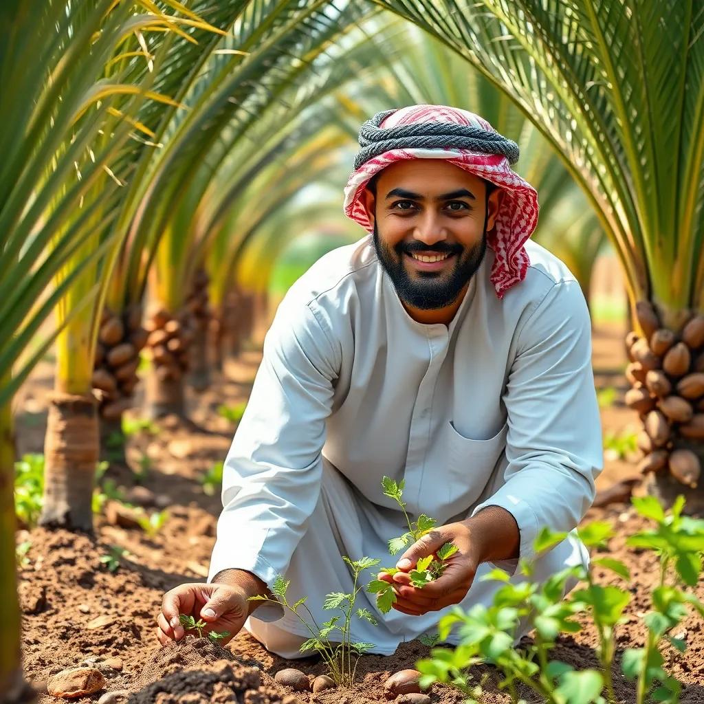 A young Omani man, Salem, planting date palms and vegetables in his family farm, showing the blend of tradition and modernity, colorful, bright light, lively setting, inspiring