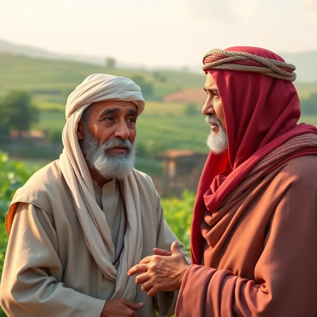 An elderly Omani man, Hamad, advising Salem in a warm tone, with a backdrop of the lush green farm, illustrating the passing of wisdom through generations, detailed illustration, rich colors, heartfelt scene