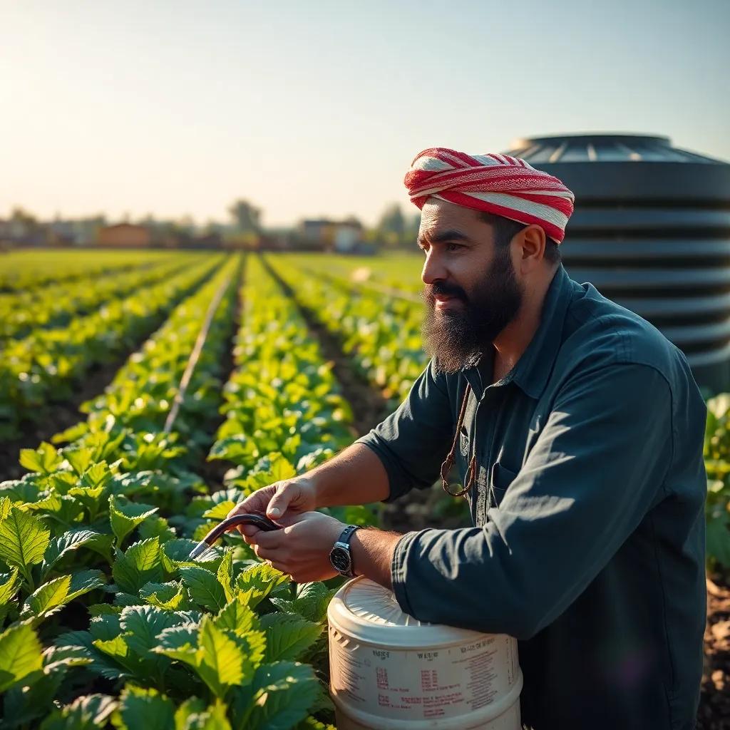 Salem integrating modern irrigation techniques, storing excess rainwater, with green thriving crops around him, symbolizing innovation in agriculture, bright light, dynamic colors, focused perspective