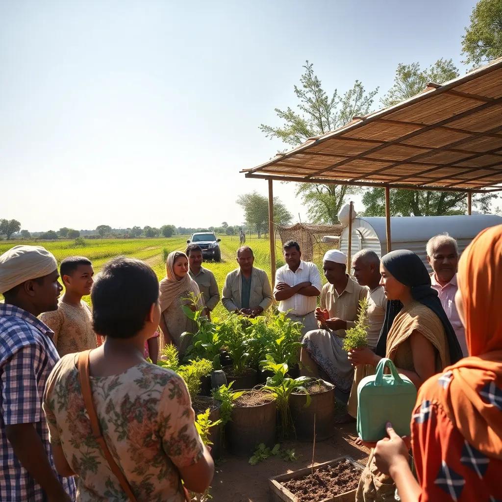 A gathering of villagers around Salem's farm, learning innovative farming methods together, filled with enthusiasm and curiosity, bright sunlight illuminating their faces, uplifting atmosphere, community spirit