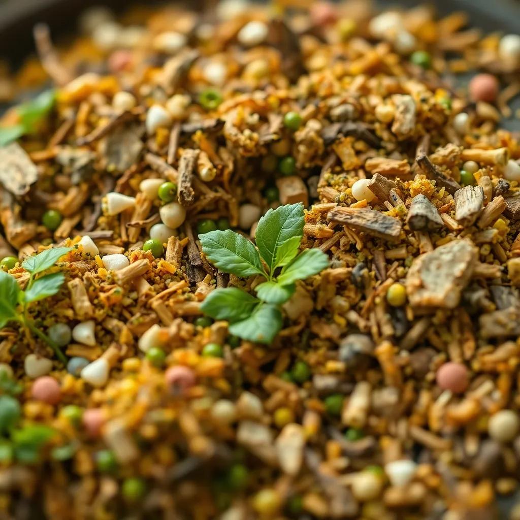 A close-up of organic fertilizers made from palm waste, showing the importance of sustainability in agriculture, detailed and colorful, educational illustration