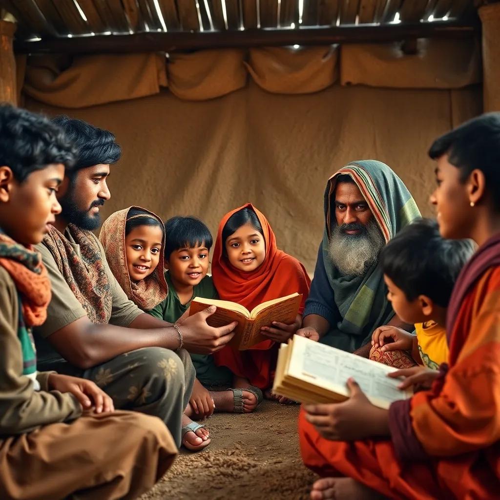 A storytelling scene depicting Salem's journey with the village children, sharing stories of agriculture and heritage, warm colors, cozy setting, engaging and inviting