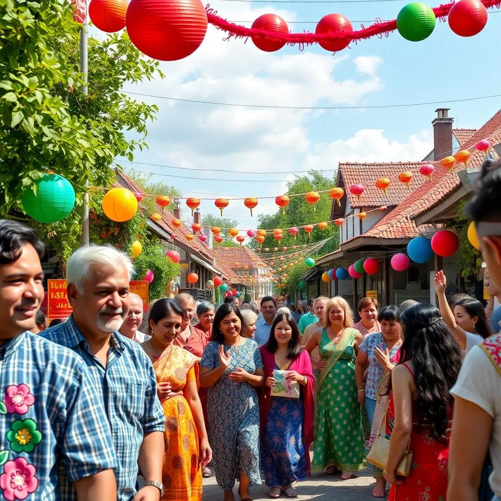 A festive scene in the village celebrating Salem's achievements, with colorful decorations and joyful expressions, lively atmosphere, bright colors, sense of community