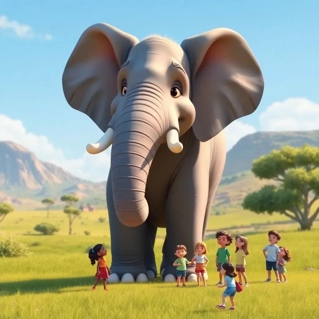 A large, majestic elephant, standing proudly in a sunny landscape, with its big ears flapping and a curious crowd of children gazing at him with excitement, digital art, bright colors, cheerful atmosphere, high quality
