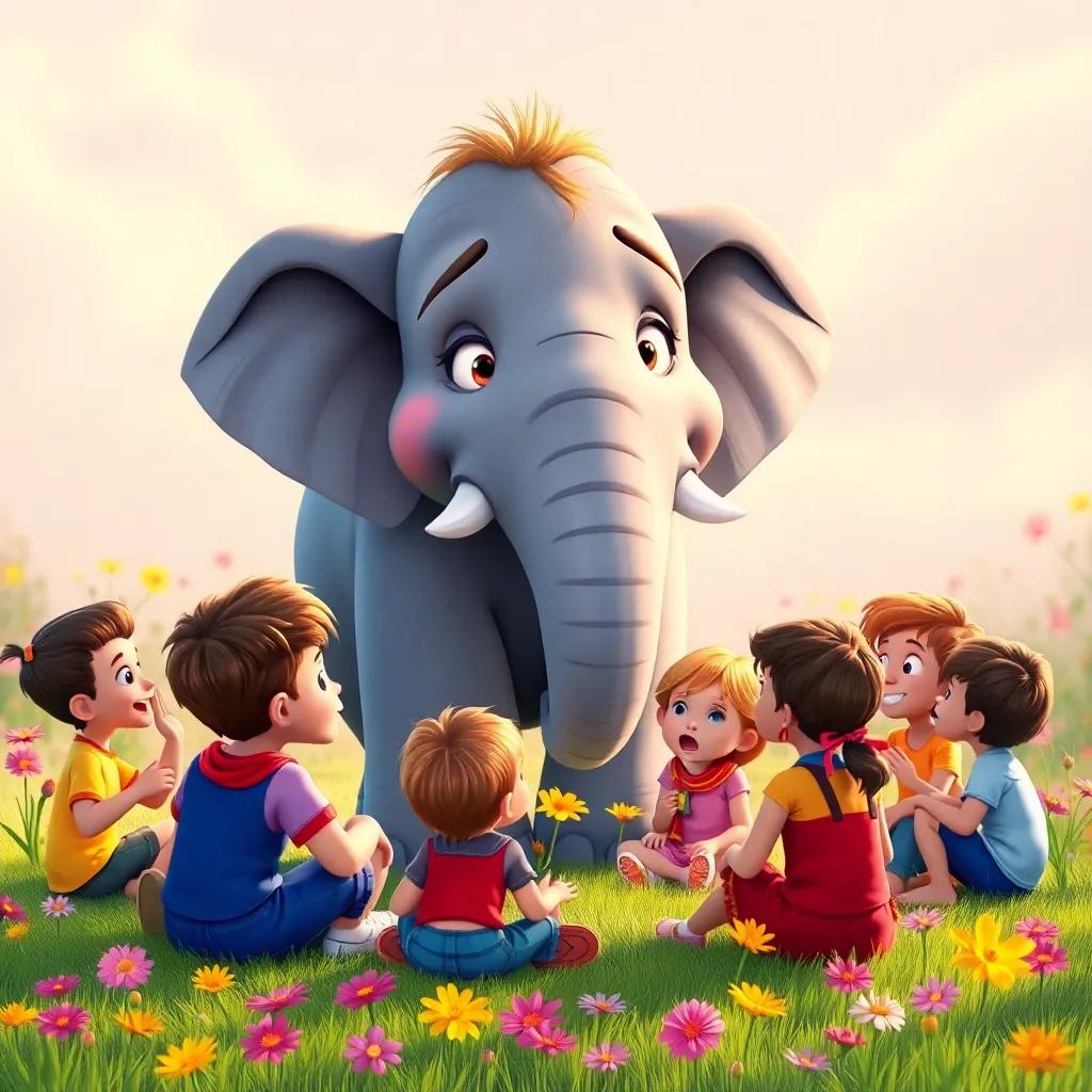 An elephant speaking with a wise expression, surrounded by a group of eager children sitting on the grass, colorful flowers blooming around them, storytelling moment, vibrant colors, engaging scene, high quality