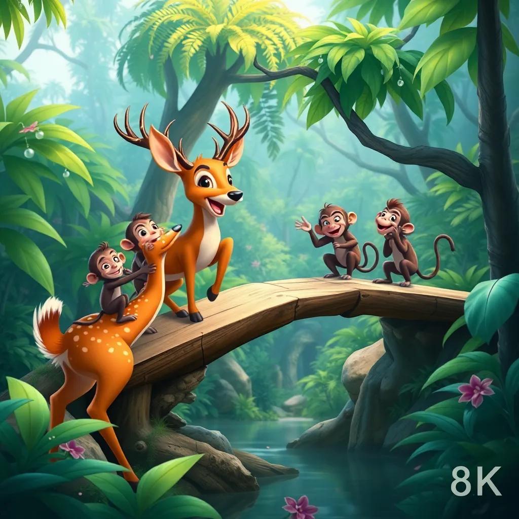 A playful scene in the jungle with a deer and monkeys building a beautiful wooden bridge, with laughter and teamwork evident, rich greenery all around, colorful and lively, heartwarming landscape