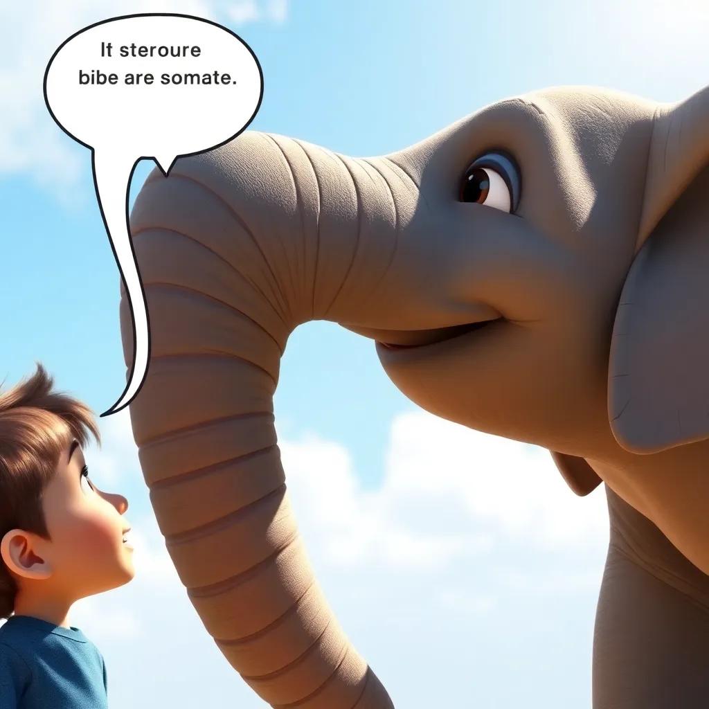 A close-up of a child asking the elephant a question with awe in their eyes, the elephant smiling down with a friendly demeanor, clear sky and bright sunlight, expressive and heartwarming, high quality