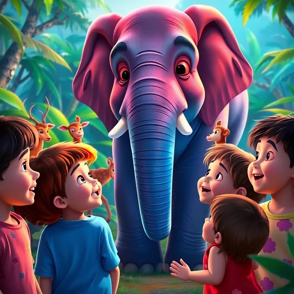 Children watching with excitement as the elephant describes how the deer and monkeys overcame challenges, colorful jungle backdrop, children’s faces lit up with joy, engaging and colorful environment, high quality