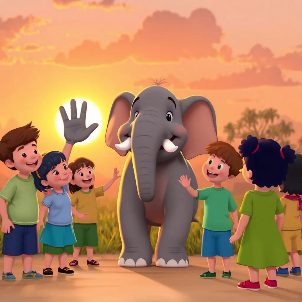 A joyful ending scene where the elephant waves goodbye to the children, with smiles all around, sun setting in the background, warm colors and positive energy, heartwarming moment, high quality