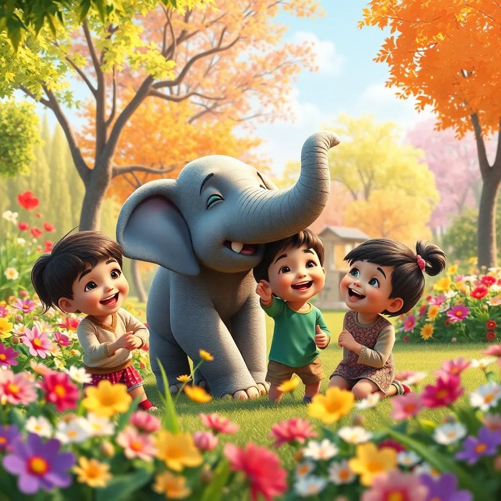 Children playing and laughing together, inspired by the elephant’s story, in a colorful park full of flowers and trees, vibrant, cheerful atmosphere, high quality