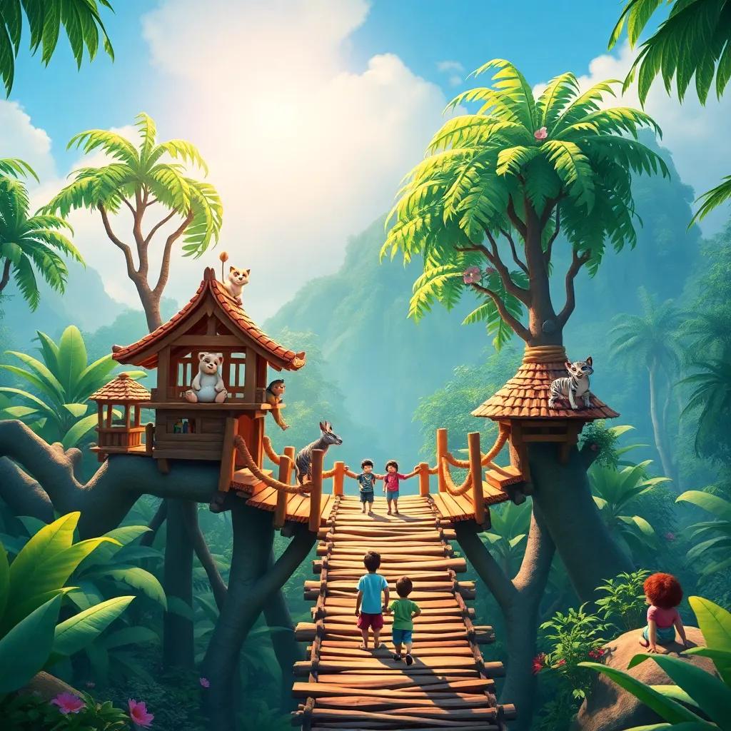 A bright traditional wooden bridge built by animals in the jungle, surrounded by lush landscapes and playing children, vibrant colors, lively atmosphere, high quality