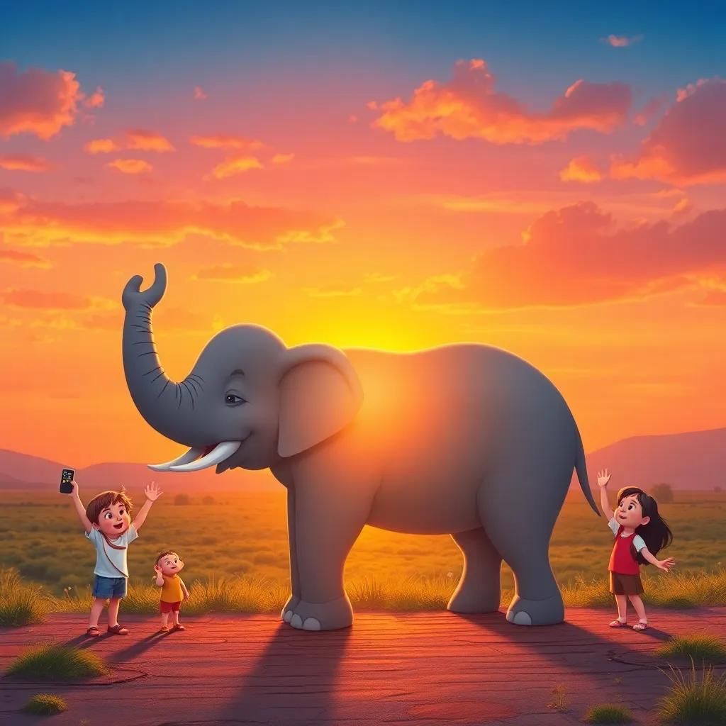 Elephant with children waving goodbye, with a beautiful sunset behind them, a colorful sky with shades of orange and pink, heartwarming and nostalgic, high quality