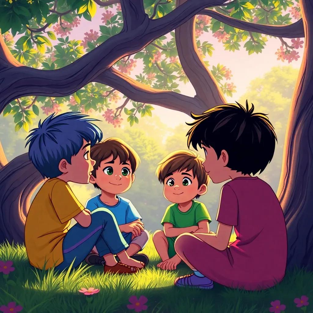 An inspiring moment where children are discussing their ideas about friendship and teamwork, sitting under a tree, vibrant colors, engaging and thoughtful atmosphere, high quality