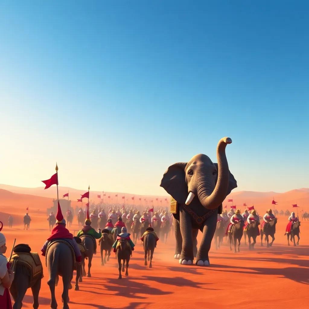 A grand army approaching Mecca led by King Abraha with a big elephant named Mahmoud, desert landscape, bright blue sky, warm colors, digital art, vibrant and engaging, kid-friendly