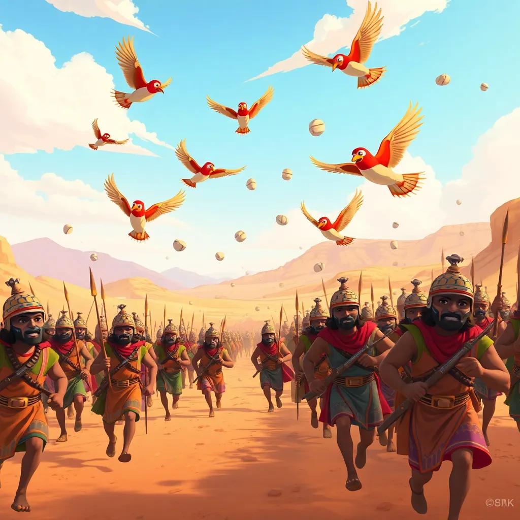 Little birds flying above the army, dropping stones on King Abraha and his soldiers, while they are running away, colorful desert scenery, joyful atmosphere, illustration, uplifting