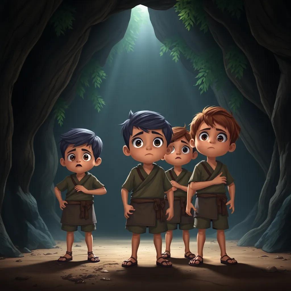 A group of three young boys, wearing simple traditional clothes, looking determined and scared, standing at the entrance of a dark cave surrounded by trees, digital art, mysterious atmosphere, soft light, warm colors, engaging perspective, clear focus, child-friendly