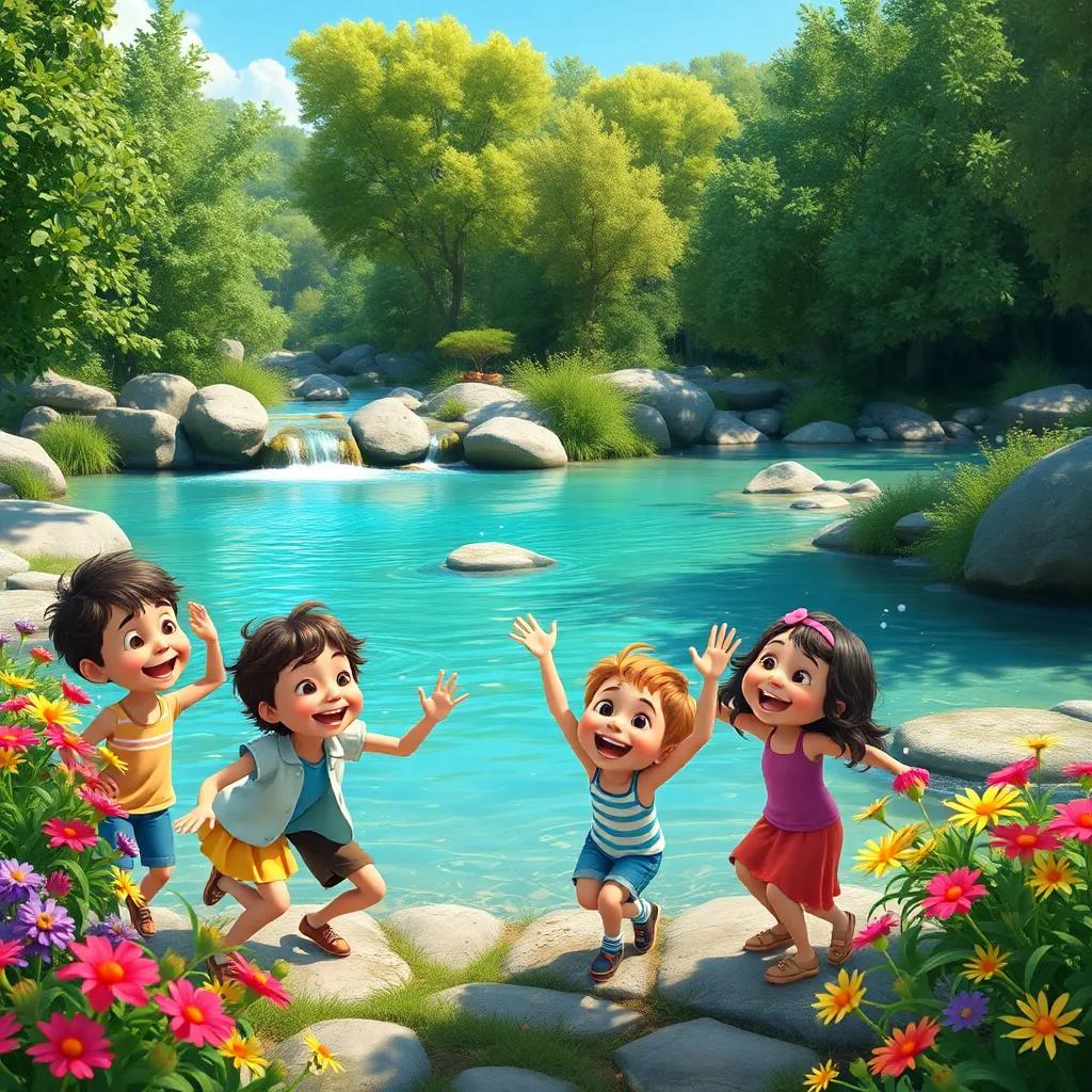 A group of cheerful children playing near a beautiful river with clear water, surrounded by green trees and colorful flowers, joy and laughter in the air, digital art, bright colors, lively atmosphere, high quality