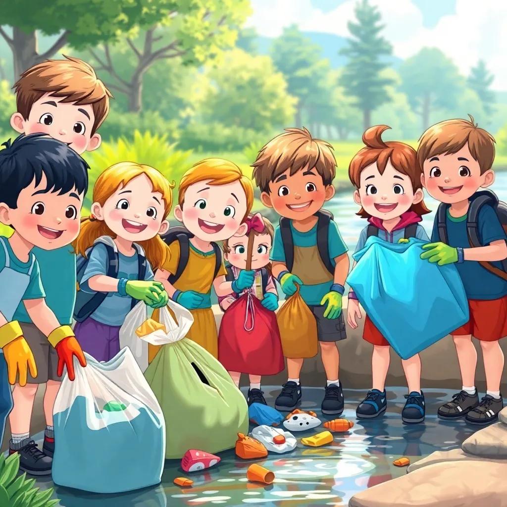 The children gathered together, working hard to clean the river, collecting trash with smiles on their faces, colorful gloves and trash bags, sunny day, illustration, cheerful, community spirit, child-friendly