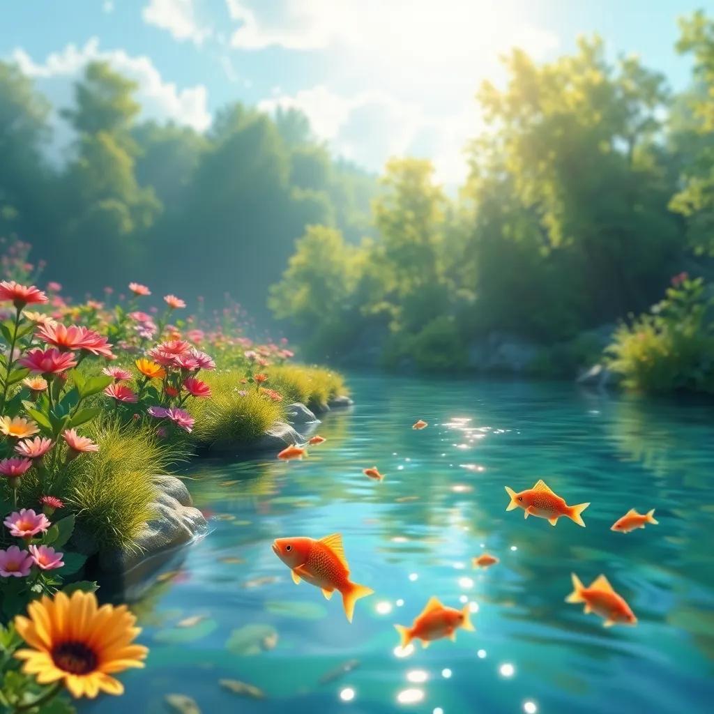 The river returning to its beauty, with clear water and happy fish swimming, colorful flowers growing along the banks, sunlight shimmering on the water, digital painting, uplifting, vibrant scenery