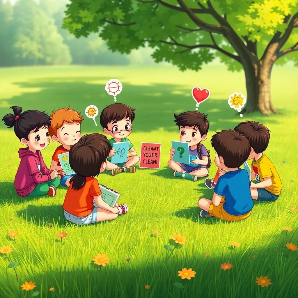 The children brainstorming ideas for a clean-up campaign, sitting in a circle on the grass with colorful posters, bright ideas in their eyes, outdoor setting, illustration, cozy, creative atmosphere
