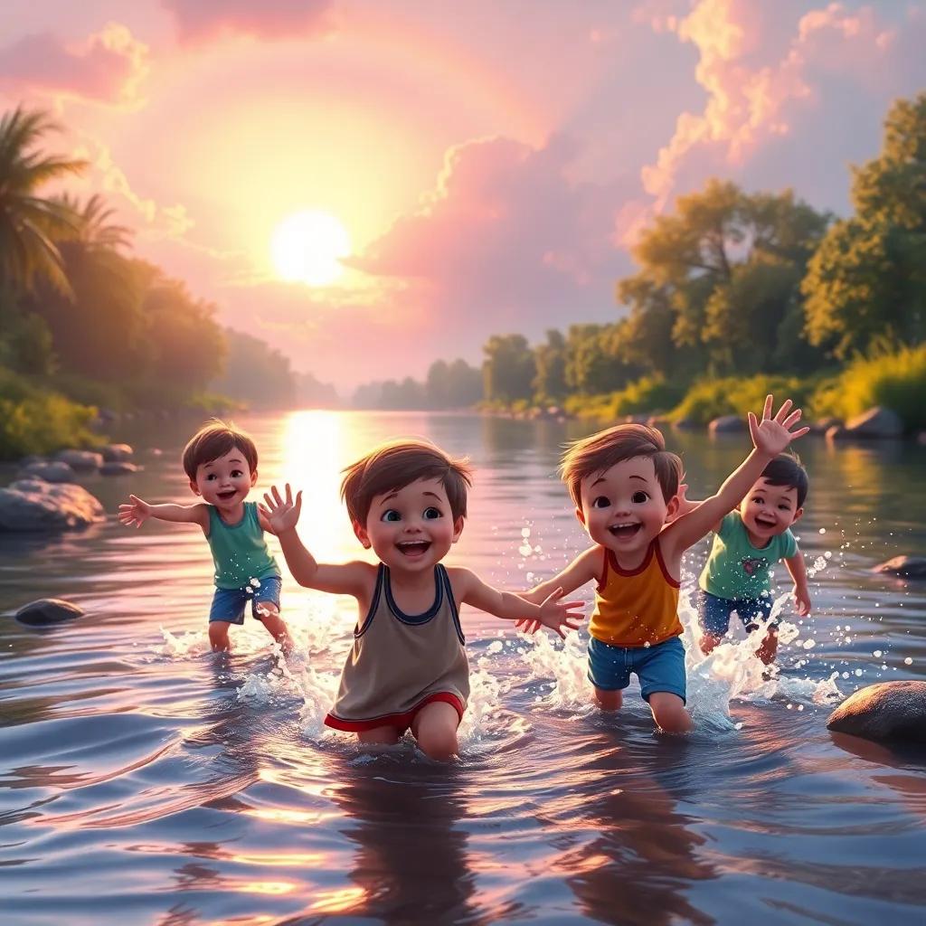 The children playing joyfully by the now clean river, splashing water, laughing, with a rainbow in the sky and a beautiful sunset, colorful and warm light, joyful scene, digital art, high quality