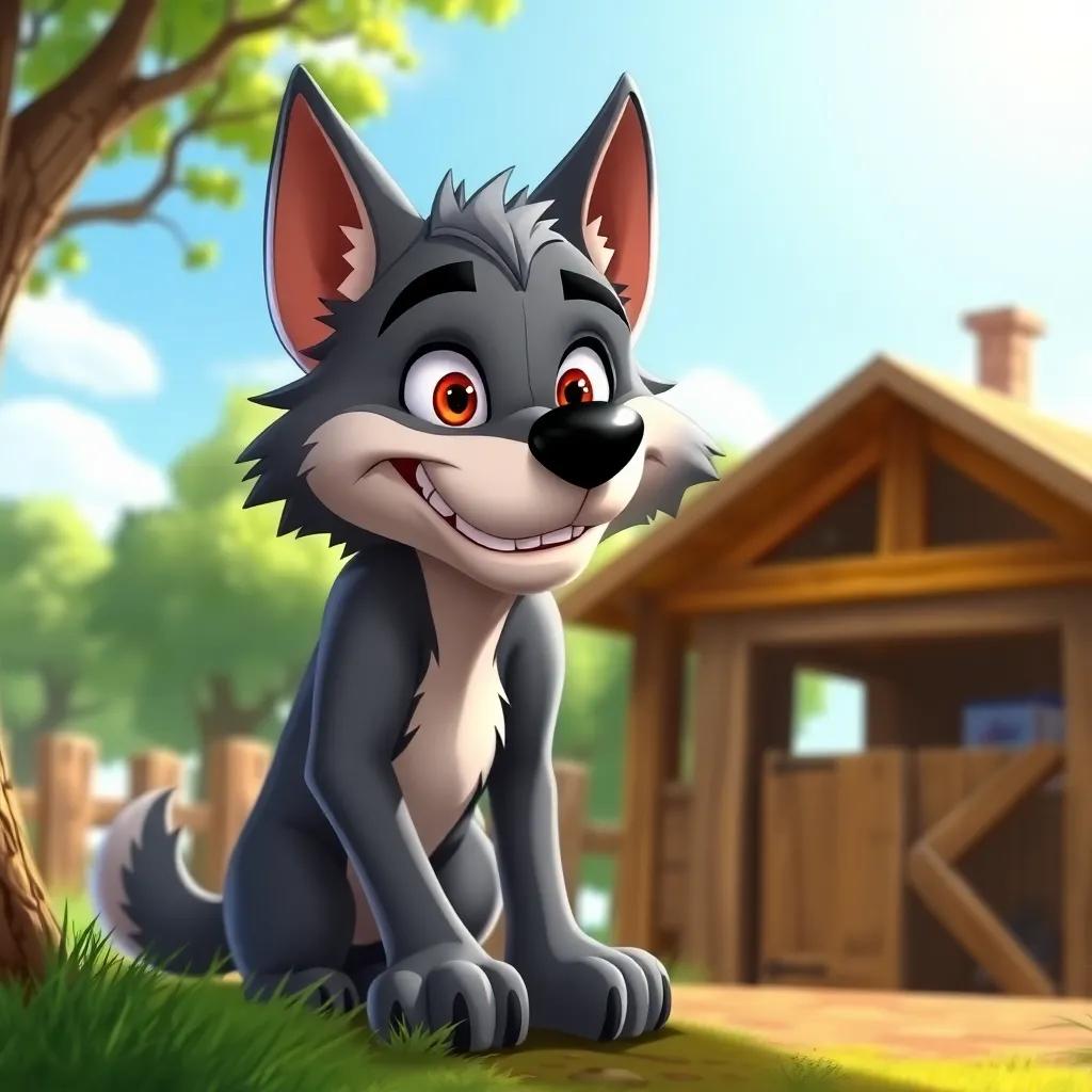 A clever wolf lurking outside the stable, looking sneaky and plotting, with trees in the background and a bright blue sky, cartoon style, playful but slightly tense atmosphere, vivid colors, high quality