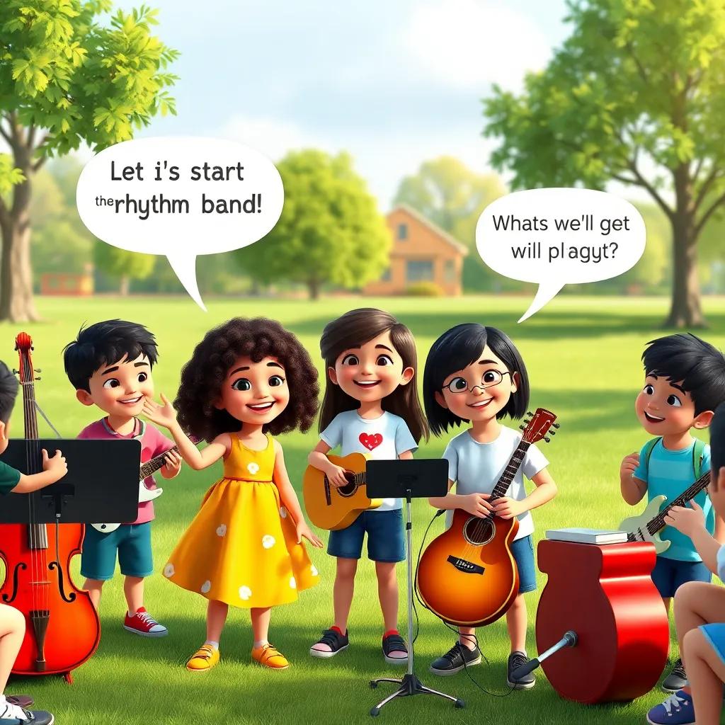 A happy group of children gathered in a park, with SARA, a young girl with curly hair wearing a bright dress, excitedly saying, 'Let's start the rhythm band!' alongside JANAN, a girl with straight hair wearing a t-shirt and shorts, asking, 'What will we play?', surrounded by various musical instruments, cheerful atmosphere, bright colors, high quality