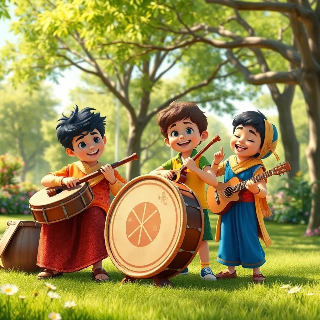 The children playing musical instruments in a park, SHAMMA playing a big drum with enthusiasm, BILQIS playing a small flute, SALIM dancing and singing joyfully in the background, a sunny day with green trees and flowers, vibrant scene, lively and energetic, high quality