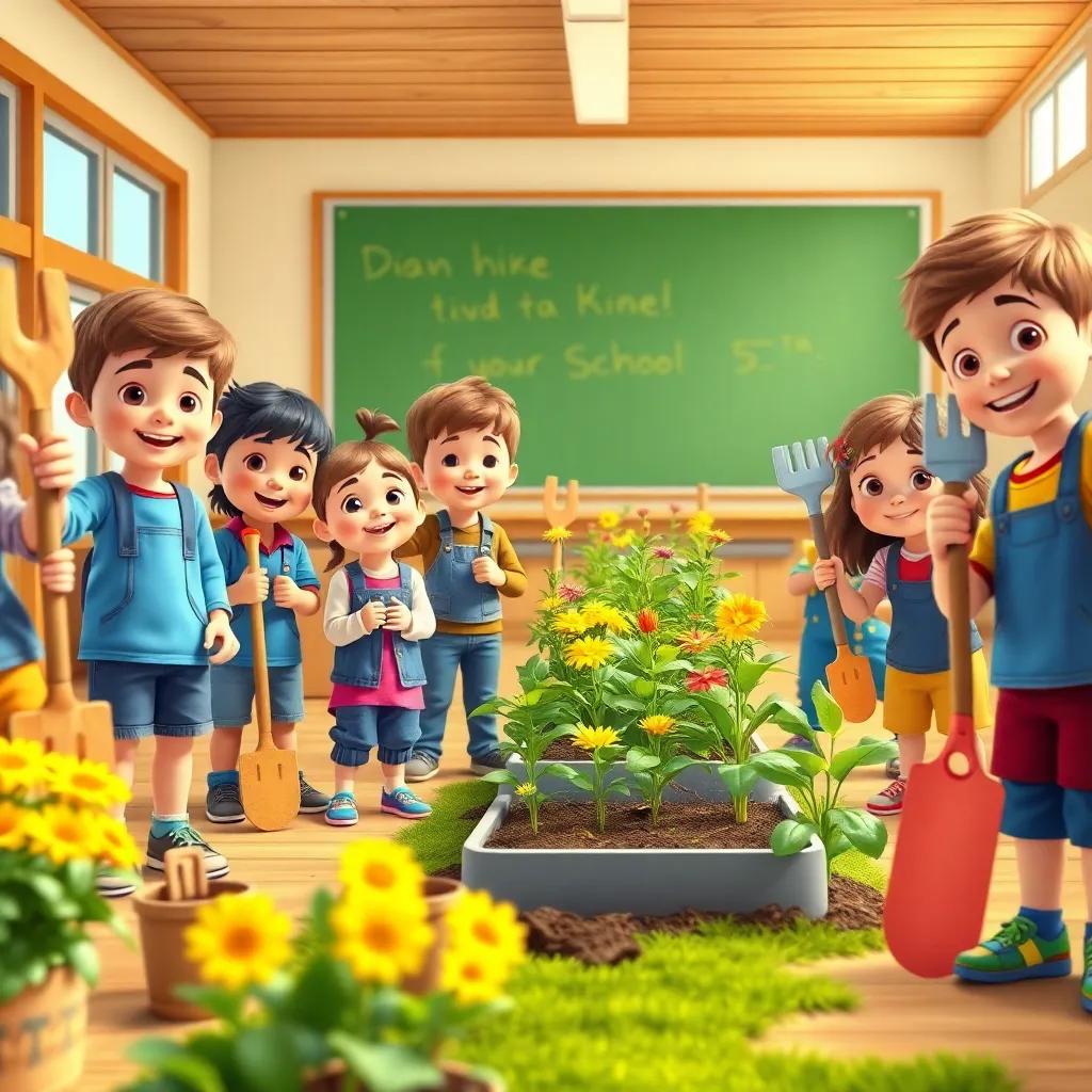 A group of children in a school, holding tools and planting flowers in a garden, showing excitement and teamwork, bright colors, cheerful atmosphere, digital art, vibrant, engaging