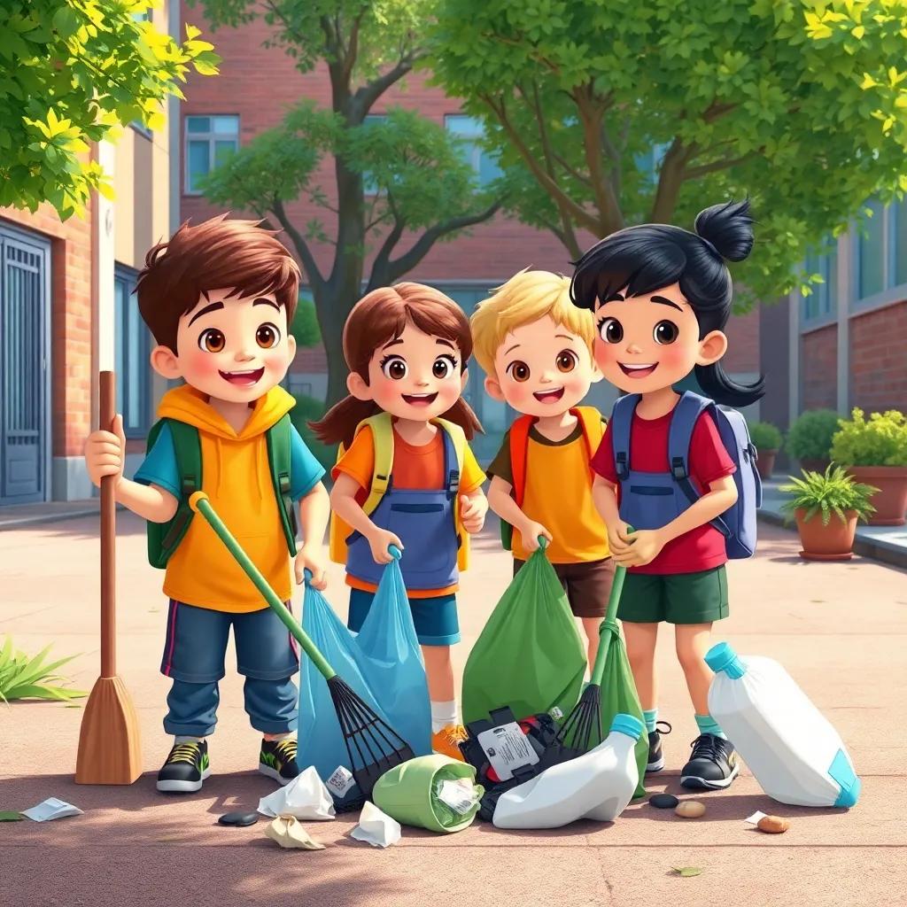 Children cleaning up litter in a school yard, with smiles and determination, they are united in their mission to protect the environment, sunny day, lively scene, digital illustration, warm colors, uplifting