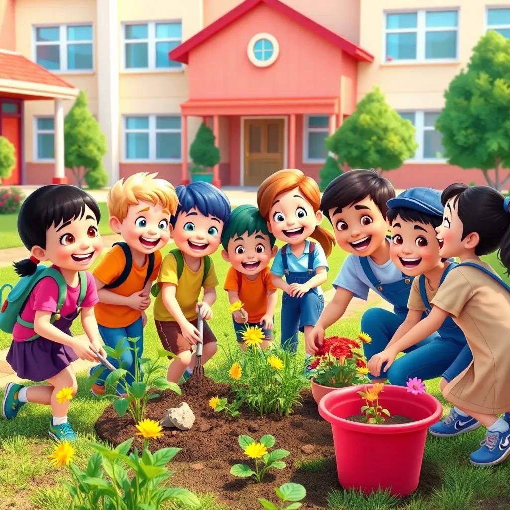 A group of excited children working together in a school yard to clean up trash, planting flowers, and smiling together, colorful school background, digital art, vibrant colors, cheerful atmosphere, high quality