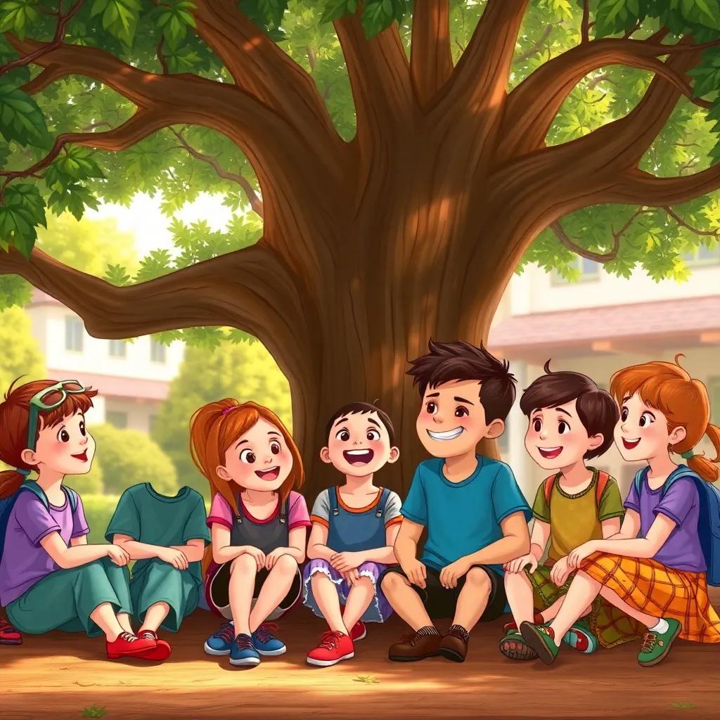 A group of children sitting under a large tree, discussing their environmental group with enthusiasm and joy, school background, warm light, friendly expressions, high quality