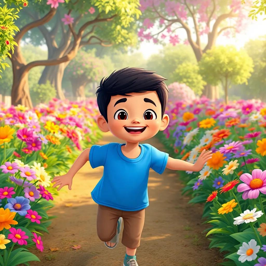 A young Arab boy, Malik, with short black hair wearing a blue t-shirt, joyfully running in a colorful garden filled with flowers and trees, illustration, cheerful, bright colors, child-friendly, high quality